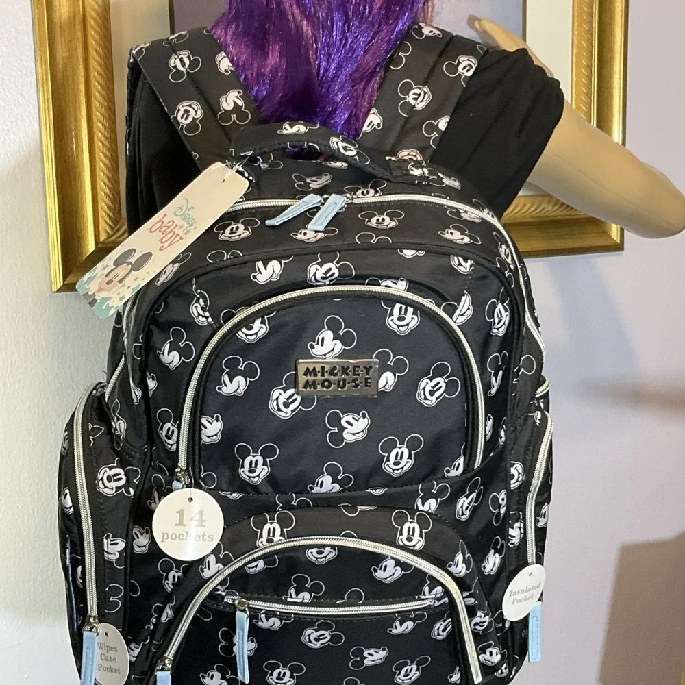 Disney Baby Black & White Mickey Mouse Multi Pc Diaper Bag Backpack w/14 Pockets - Picture 7 of 10